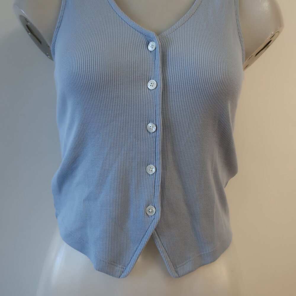Veronica Beard Light Blue Ribbed Button Front Tank - Picture 6 of 12
